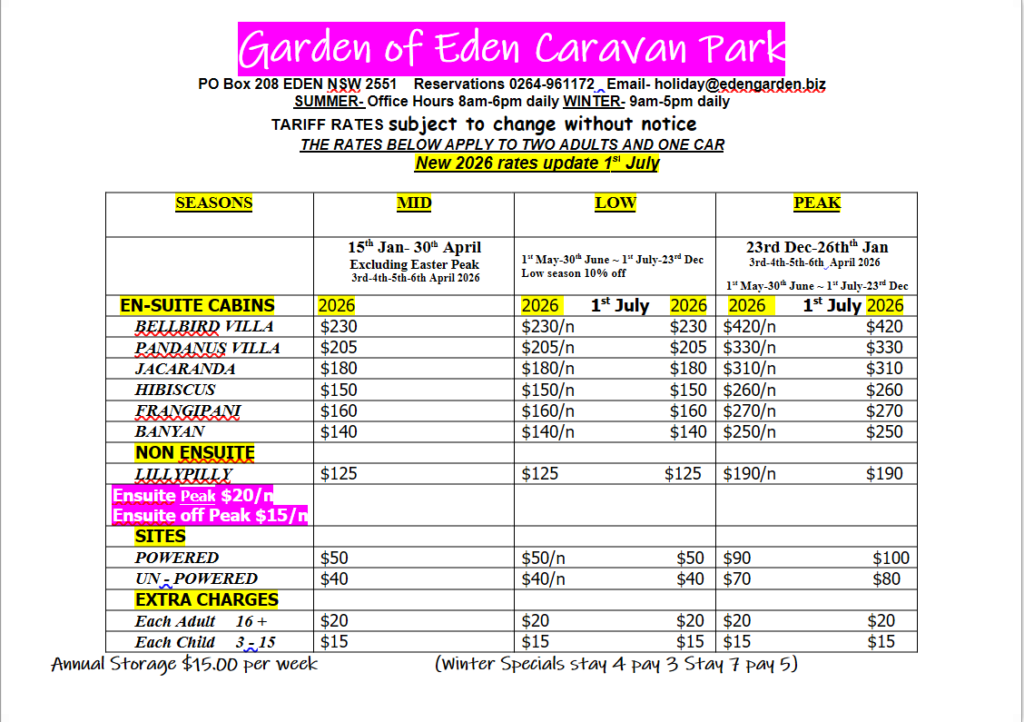 eden garden tariff